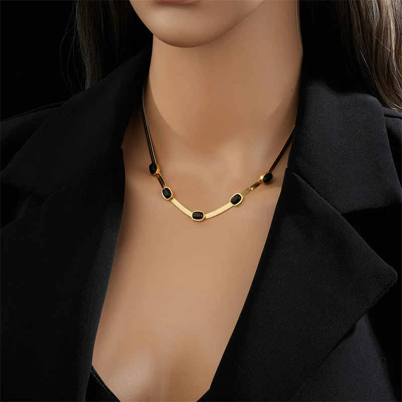 DIEYURO 316L Stainless Steel Oval Black Stone Necklace For Women New Trend Snake Chain Girls Chokers Jewelry Party Wedding Gifts
