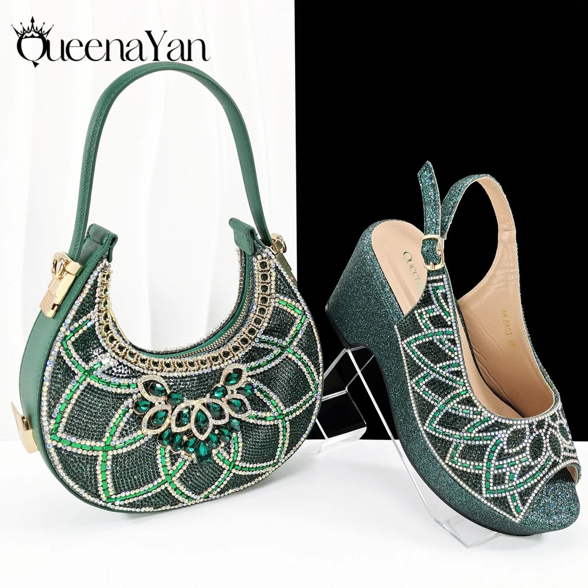 Queena Yan Sky Blue Elegant Nigerian Rhinestone Wedding Shoe and Bag Set Italian Inspired High Heels and Matching Handbag