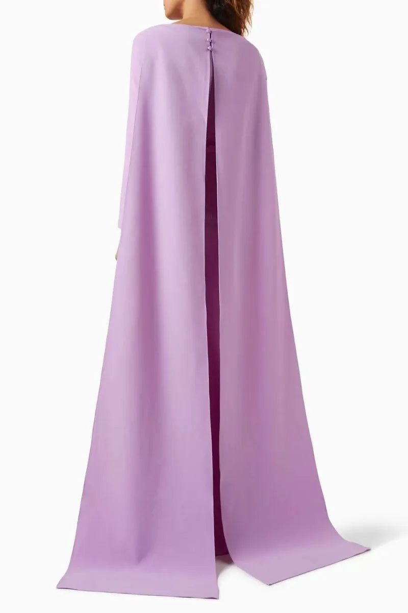 Customized Women Lilac Cape Sleeve Evening Dress Boat Neck Long Sleeve Mermaid Floor Length Formal Wedding Guest Party Gown
