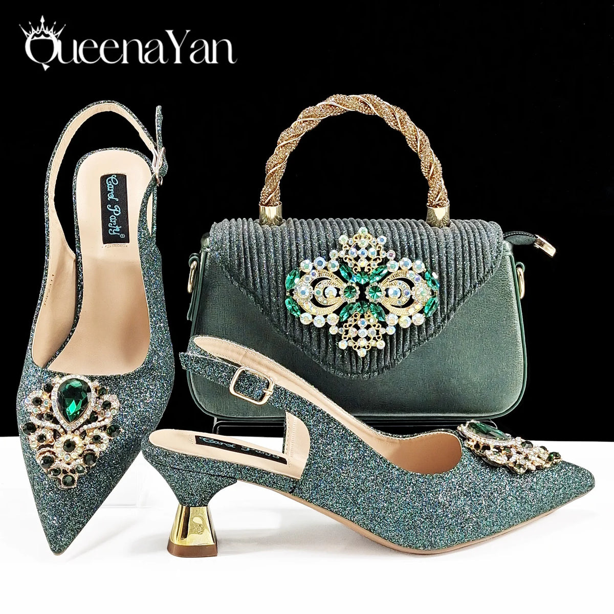 Hot Selling Elegant Noble Colorful Rhinestone Design White Color Party Wedding Pointed Toe High Heel Women Shoes and Bag Set