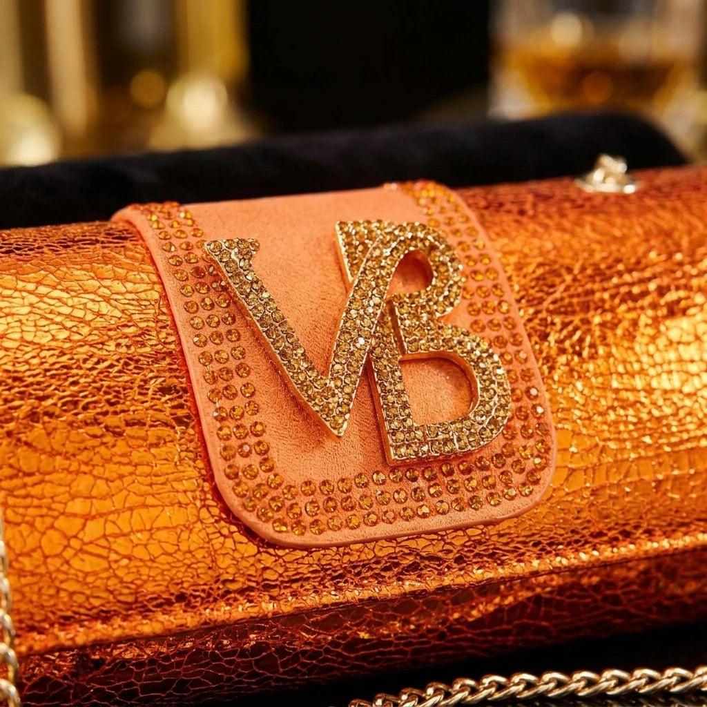 2026 Orange Slingback Shoe & Bag Set Rhinestone VB Letter Decor Pointed Toe High Heels for Wedding Evening Party Occasions