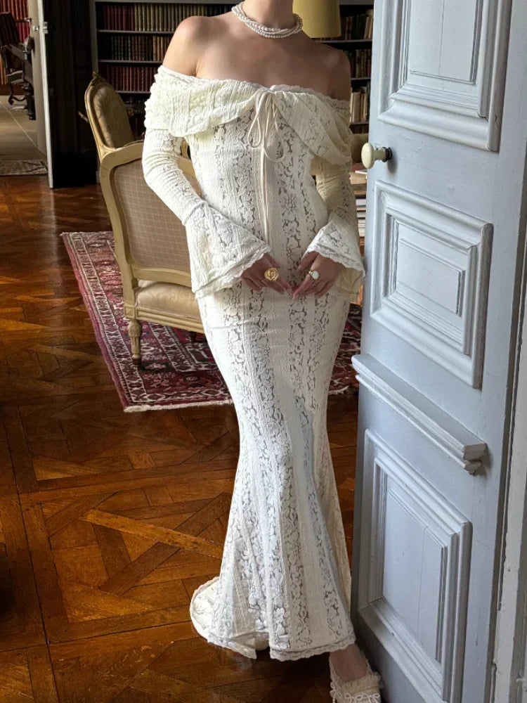 White Lace Flare Off Shoulder Dress Women Elegant Sexy Hollow Out Long Sleeve Slim Dresses 2026 Spring Lady Mermaid Floor Robe