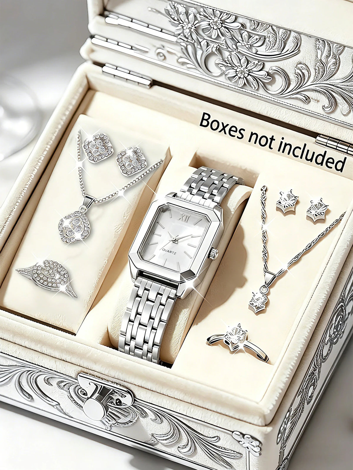 Ladies Quartz Watch Set with Hollow out Jewelry - Stainless Steel Band Bracelet Necklace Ring Trio Perfect Festive Gift Set