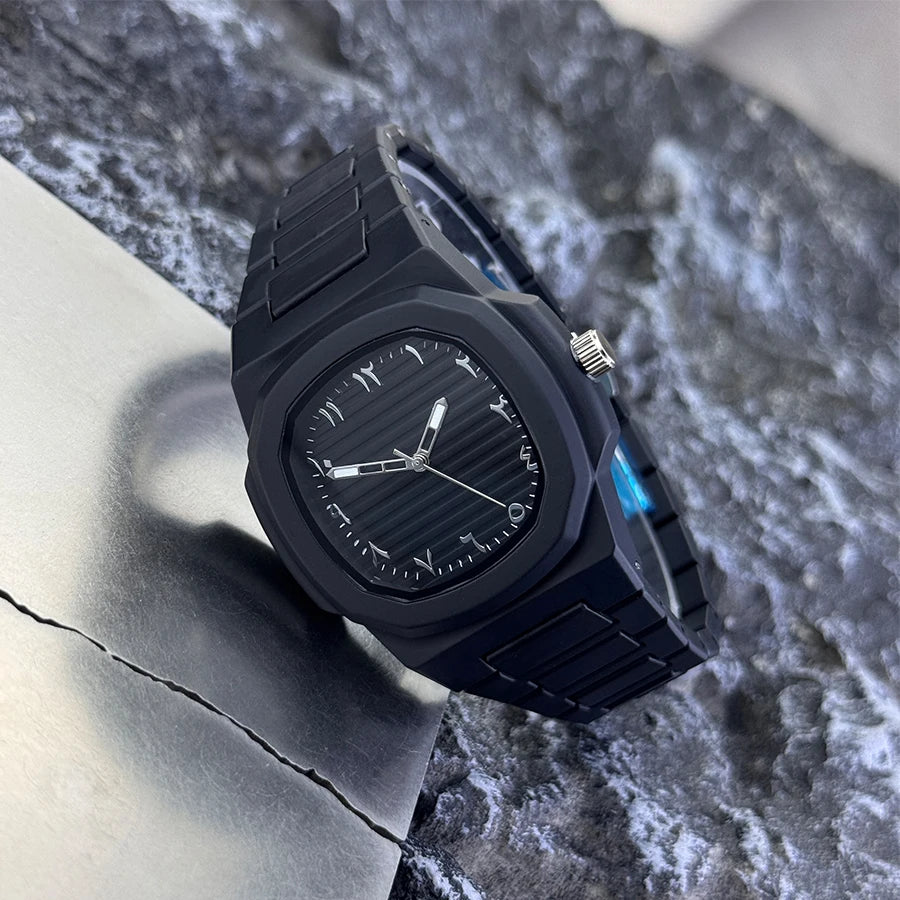Men's Classic Quartz Watch Smooth Plastic Particle Bracelet Arabic Numerals Dial Business Casual Style Removal Tool Included