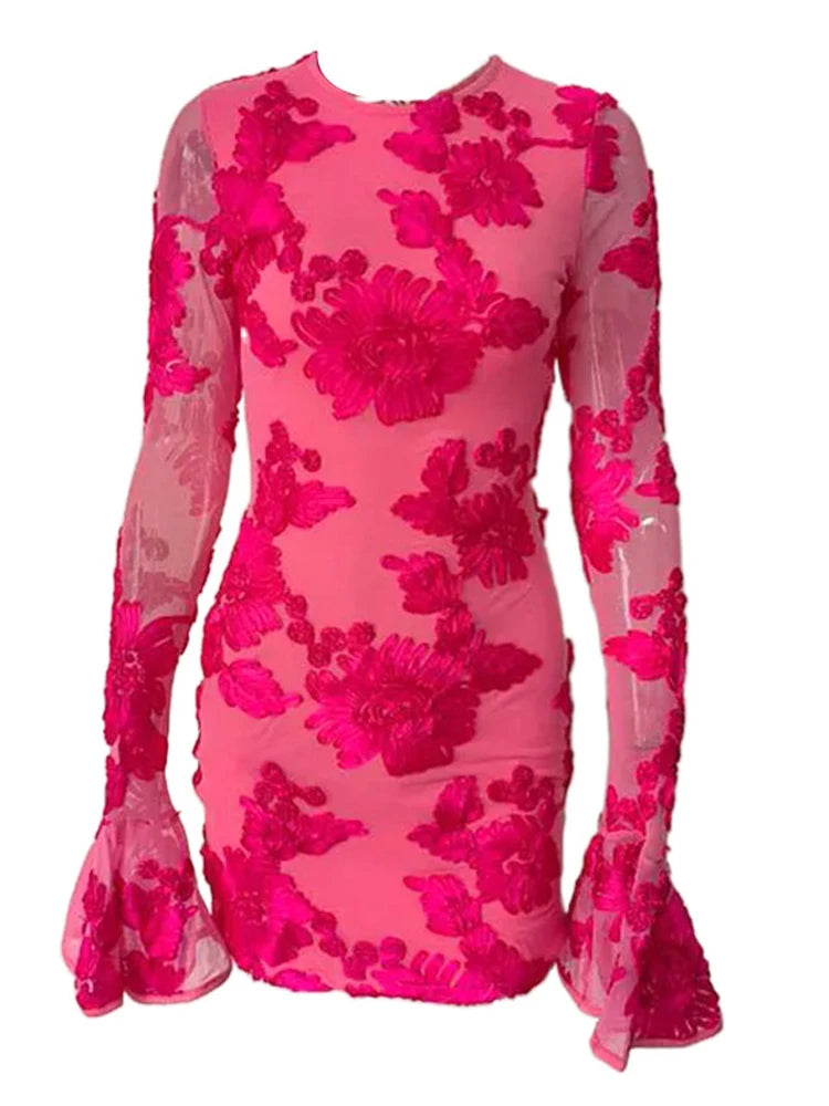 Beyprern Glam Backless Rose Pink Floral Mesh Short Dress Elegant Party Dresses For Women Long Sleeve Embroidered Birthday Dress