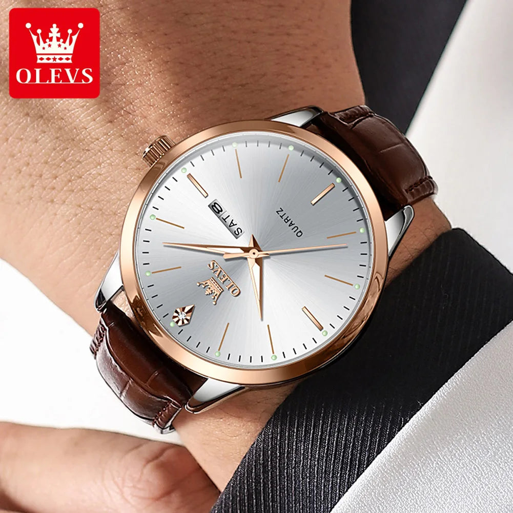 OLEVS 2935 Fashion Business Brand Men Watches Leather Strap Trend Week Calendar Quartz Watch Luminous Waterproof 43mm Dial