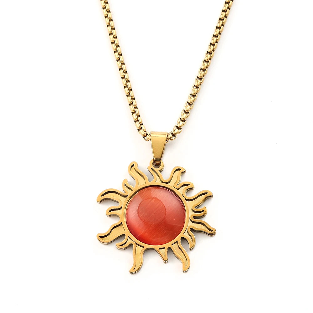 Natural Stone Tiger Eye Charm Sun Pendant Necklace Gold Color Stainless Steel Neck Chain Necklaces For Women Jewelry Accessories