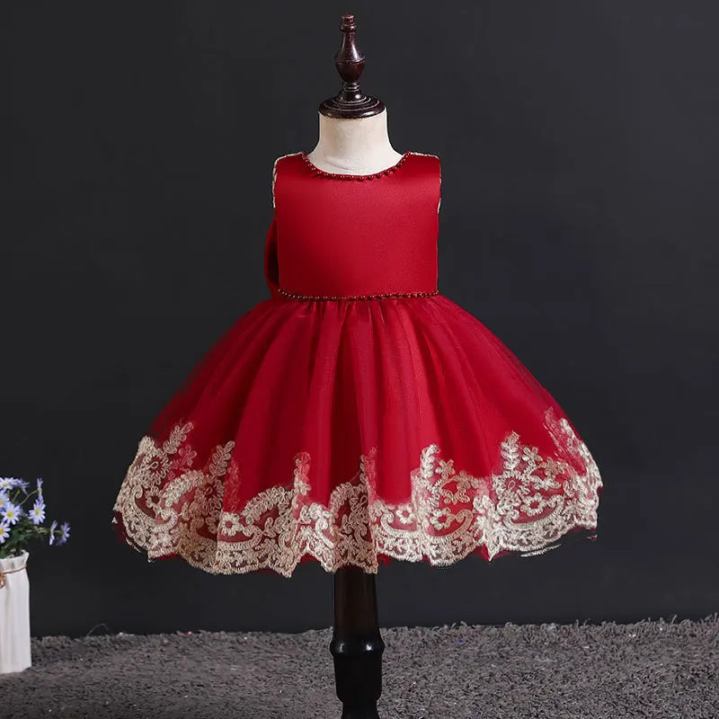 Girl's Dress 2025 New Girl's Embroidered Bow Princess Dress Fashion Open Back Mesh Dress Banquet Performance Evening Dress