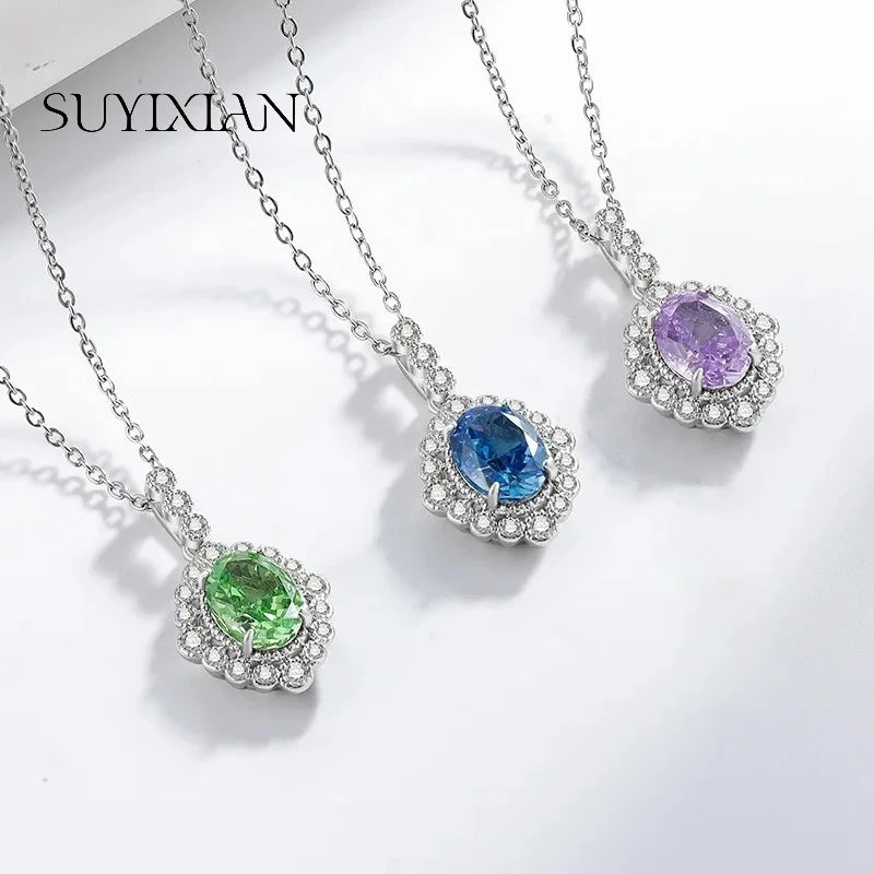 925 Sterling Silver Fashion Temperament Zircon Ice Flower Cut Pigeon Egg Necklace Birthday Party Anniversary Gift