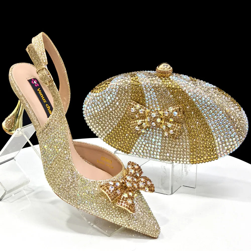 Venus Chan Green Color Pointed-Toe High Women Heels Shoes and Bags for Women Rhinestone Evening Party Elegant Luxury Handbag