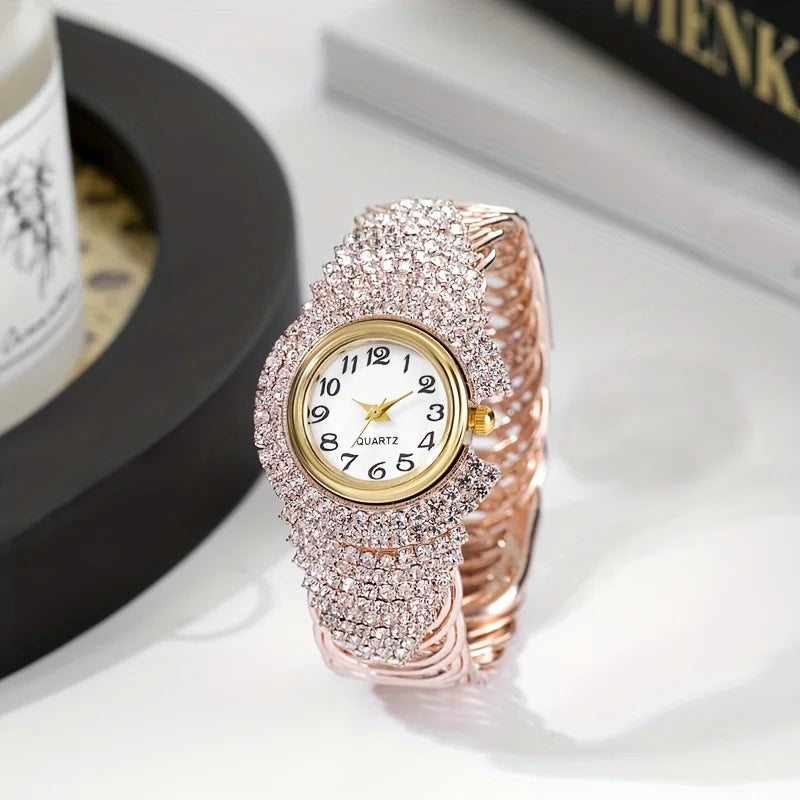 5PCS Luxury Diamond Watch Necklace Earrings Ring Set Fashion Women Crystal Bangle Quartz Wristwatch Jewelry Gifts（Without Box）
