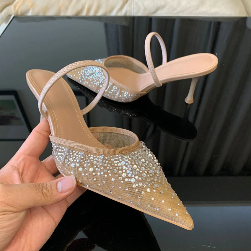 2025 Women High Heels Sandals Summer Fashion Mesh Rhinestone Slingback Woman Pumps Elegant Woman Sandals Party Lady Shoes