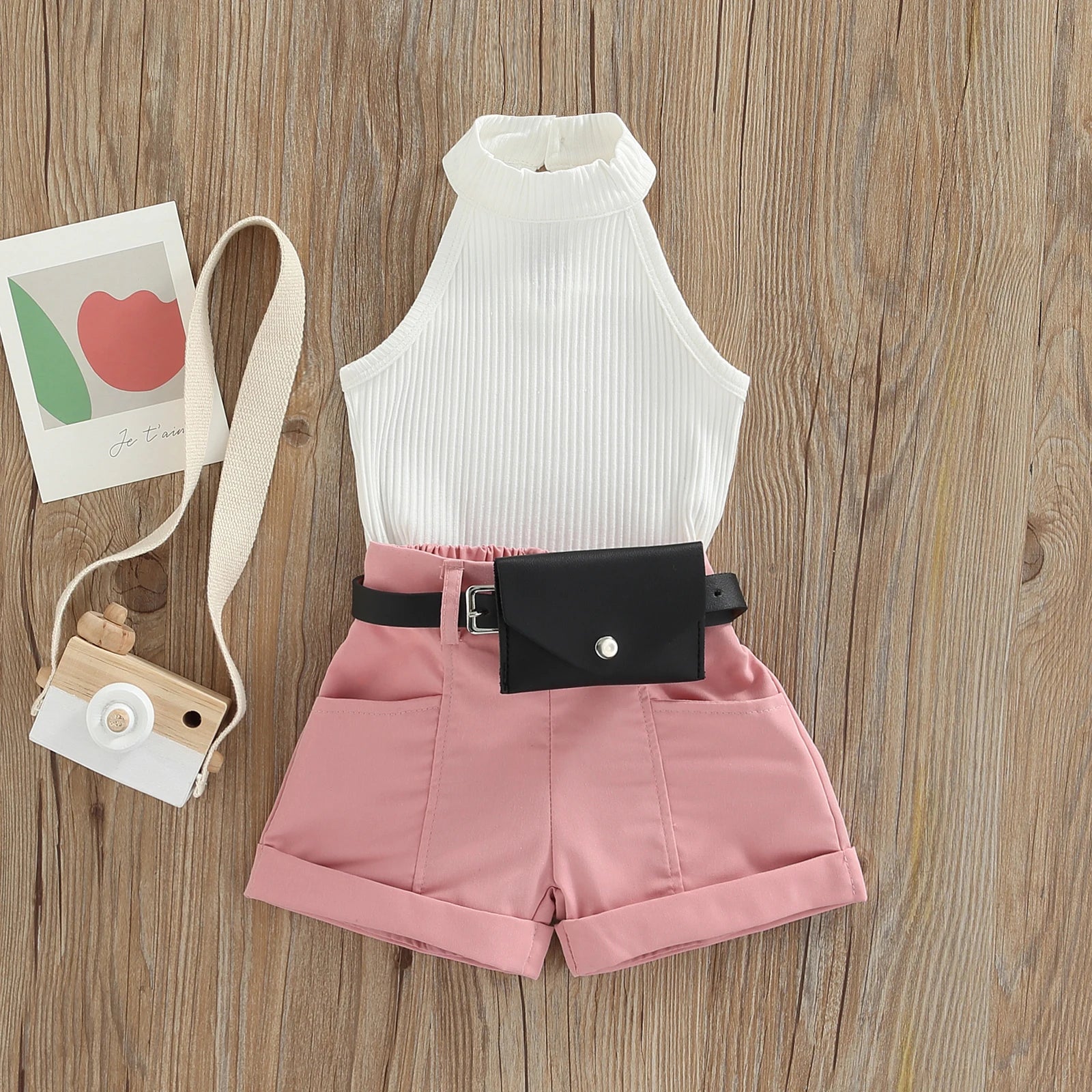 Little Girl Three-Piece Outfits Solid Color Sleeveless Ribbed Stand-Up Collar Tops + Belted Short Pants + Small Waist Pack 6M-4T