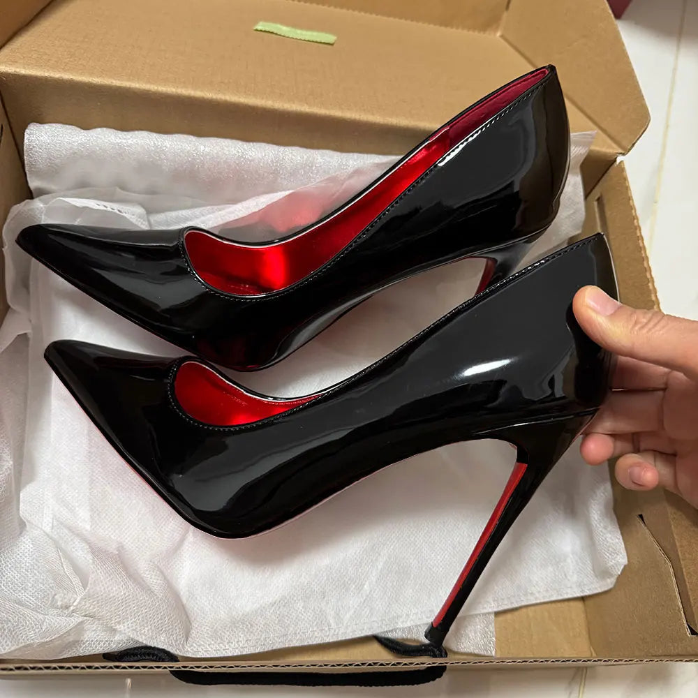 Tikicup Elegant Fashion Curl Cut Women Pointy Toe 12cm High Heel Shoes Sexy Glossy Black V Cut Party Celebrity Stiletto Pumps