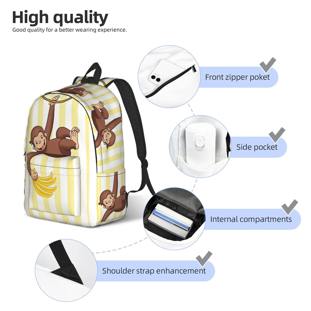 Curious George Swing Banana Stripe Backpack  Outdoor Style Backpacks Women High Quality Large School Bags Streetwear Rucksack