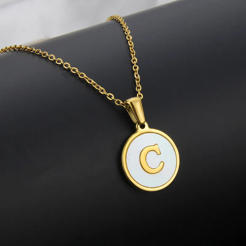 Initial Letter Necklaces for Women Trendy Stainless Steel Circle Couple Pendant Inlaid Shell Jewelry