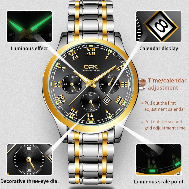 OPK Brand Steel Belt Dual Calendar MEN'S Quartz Watch 8119