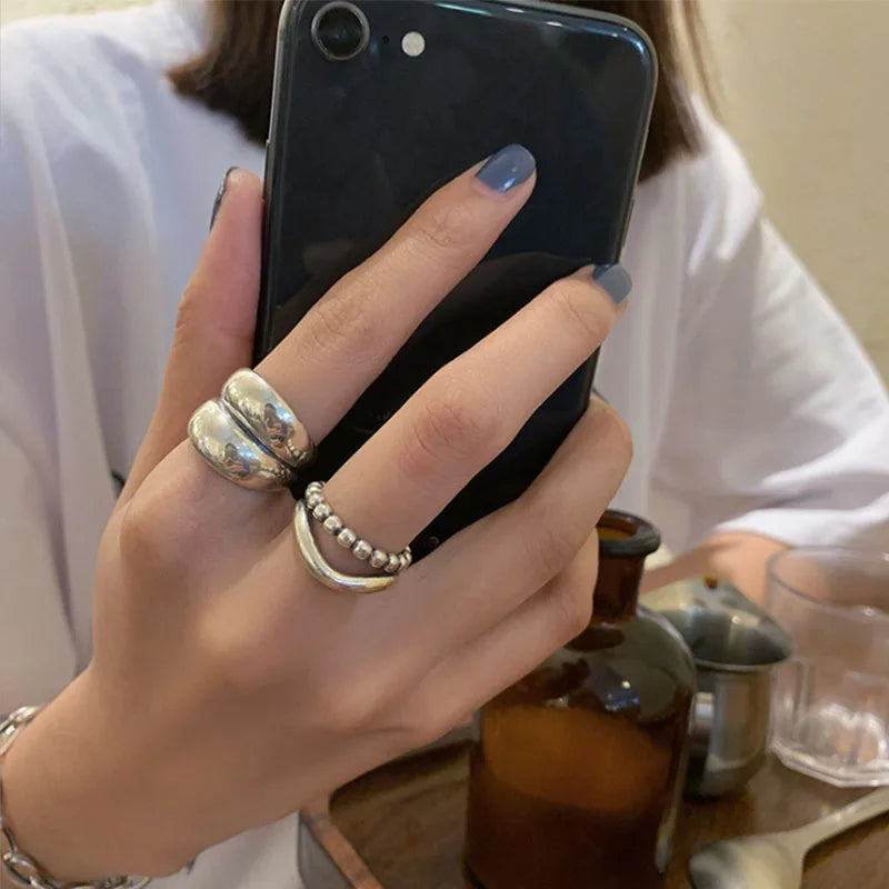 925 Silver Rings for Women Thick Wave Wide Solid Double-layer Punk Trendy Couple Female Party Birthday Gift