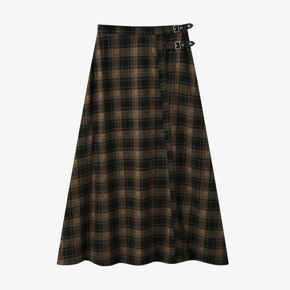 AS AW26 fashion Embroidered knit mockneck top + Plaid buckle skirt match woman clothes