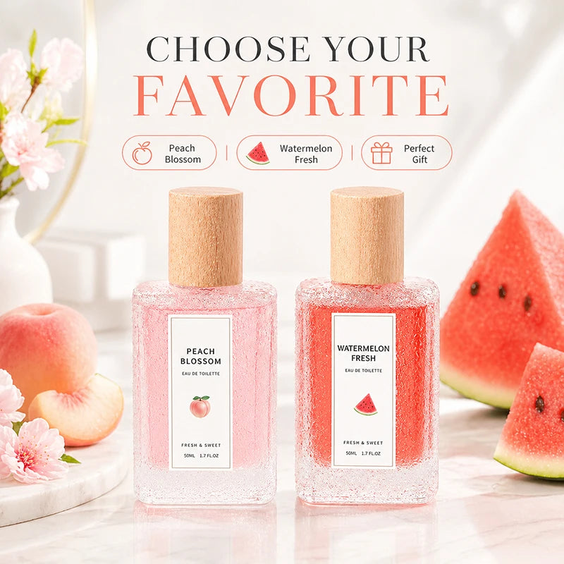 2Pcs Fruity Eau de Toilette for Women, Peach Blossom & Watermelon Fresh Perfume Spray, Sweet Floral Body Fragrance Gift Set