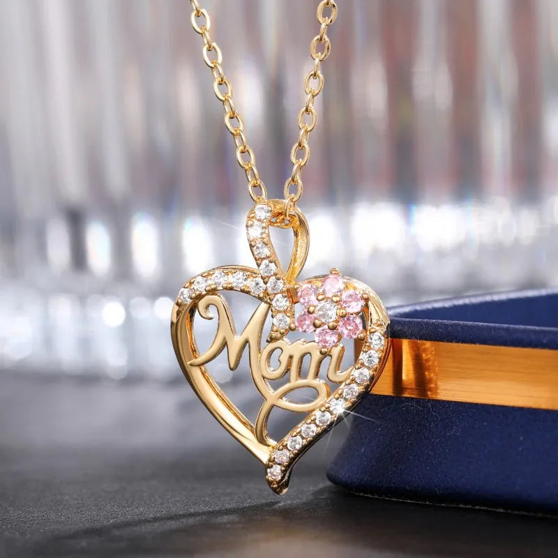 Huitan Mother's Day Necklace for Mom Luxury Trendy Craved Pendant Necklace Pink Flower Aesthetic Neck Accessories Love Jewelry