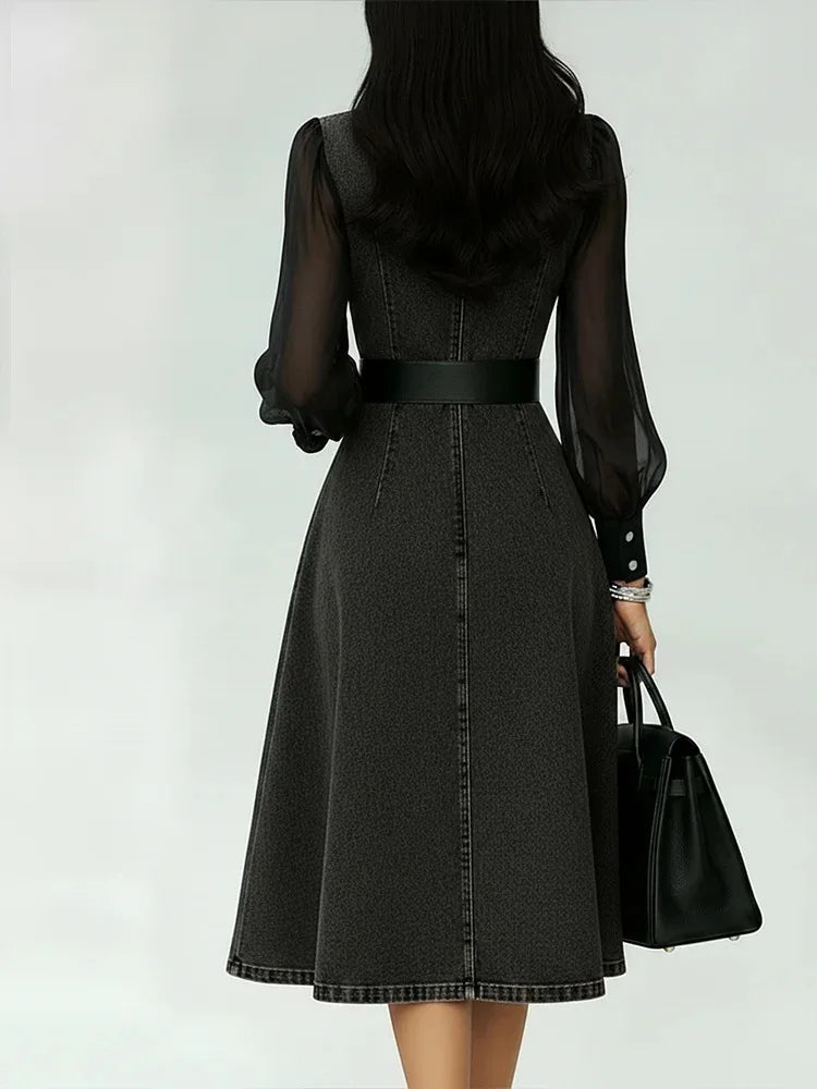 Streetwear Denim A-Line Dress Summer Women Tulle Long Sleeve See Through V Neck Maxi Dresses Vintage Jean Dress with Belt