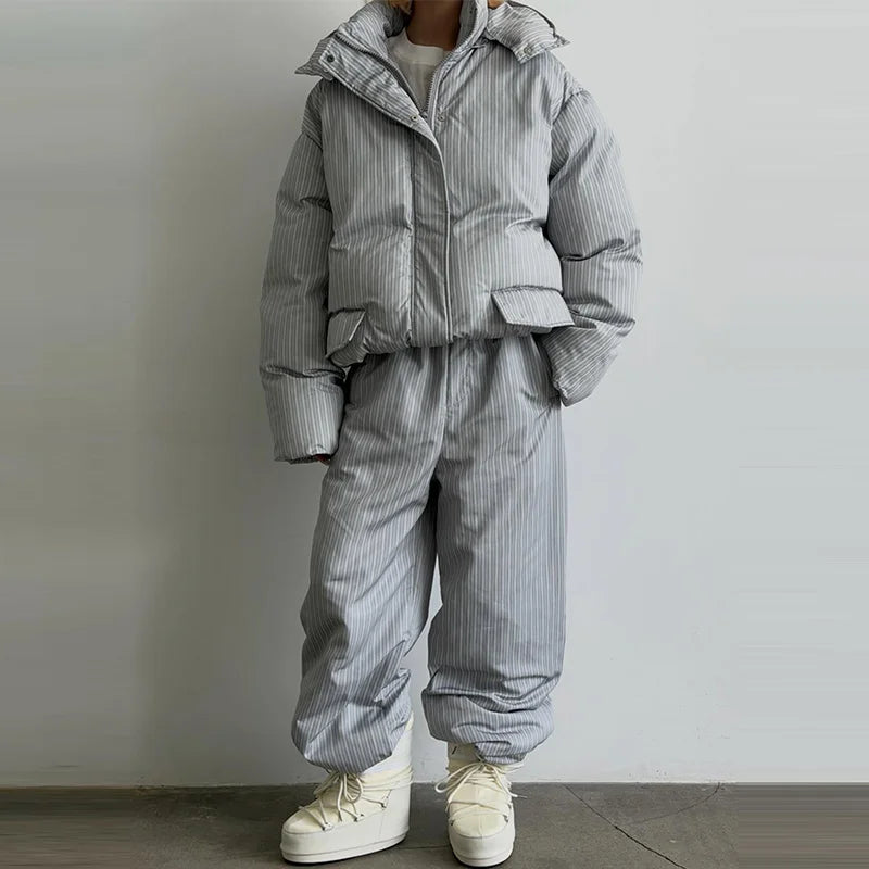 Fashion Women's Stripe Cotton Padded Coat Pant Set Loose Full Sleeve Hooded Zipper Jacket Elastic Waist Pants 2026 Winter Suits