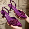 Luxury Women's Satin Slingback Heels with Rhinestone Embellishments & Pointed Toe - Stunning 3D Floral High Heels Ideal