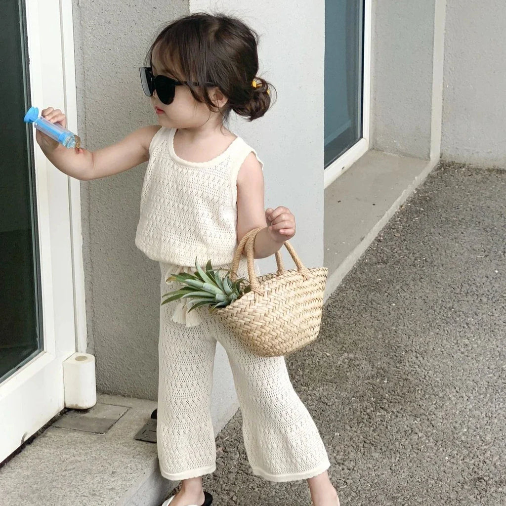 Girls Summer Clothing Set New Kids Knitted Hollow Lace Suit Girl Fashion Breathable Vest + Wide Leg Pants Outfits Children Sets