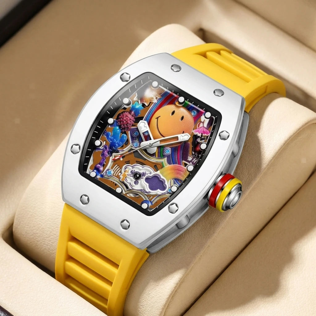 1 piece cute smiling face colorful pattern yellow strap square watch fashion personality trendy daily wear wristwatch
