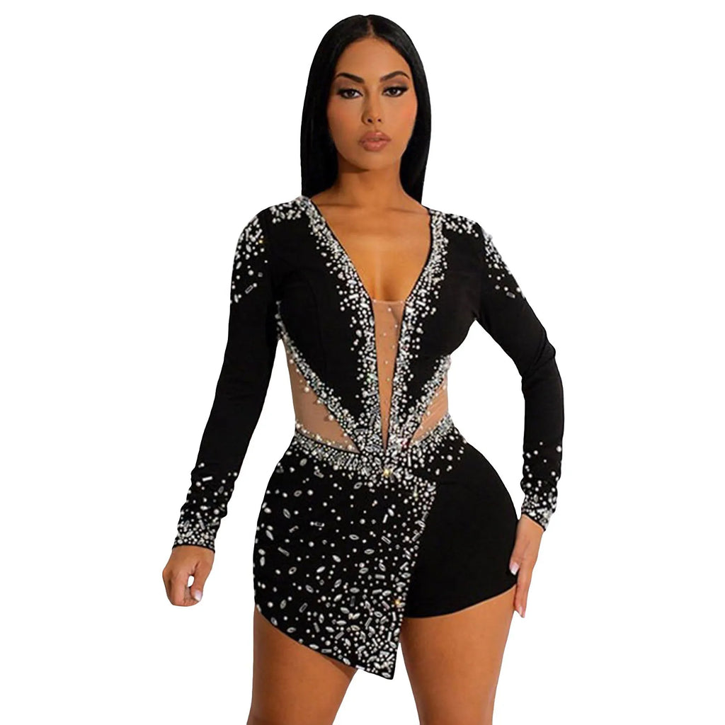 Women Glitter Rhinestone Sequins Formal Romper Clubwear Party Long Sleeve Deep V-Neck Mesh Sexy Playsuit One-Piece Jumpsuit