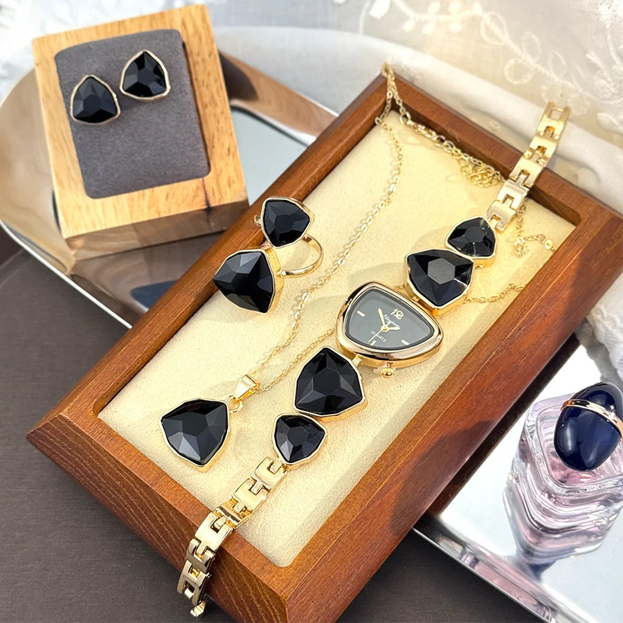 Luxury Ladies Quartz Watch  Colorful Diamond Irregular Shape Necklace Ring Earrings Jewelry Set Four-Piece Gift Set Trendsetter