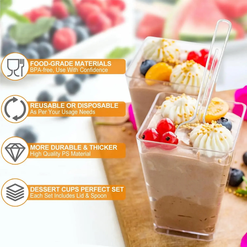 Exquisite Mini Dessert Cups with Spoons Square Dessert Cups with Tasting Spoons Mini Parfait Cups Appetizer Plastic Dessert Cup