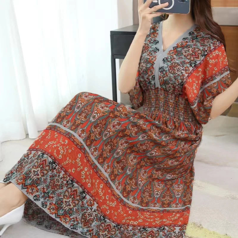 2025 Summer New Casual Elegant Retro Bohemian Style V-neck Elastic Waist Large Swing Printed Long Skirt Autumn Summer Dress