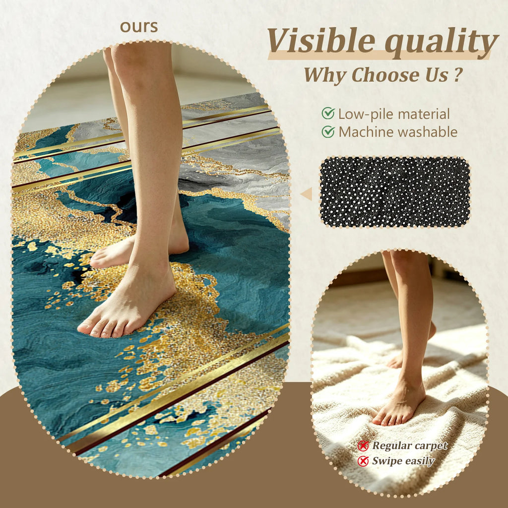 Large Indoor Area Rug, Soft Velvet Low Pile with Non-Slip Dotted Backing, Machine Washable, Teal Gold Marble Abstract Modern Floor Rug for Living Room Bedroom Entryway Home Decor