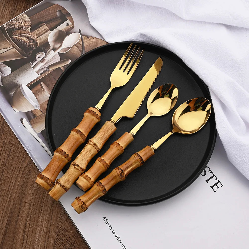 24Pcs Tableware Sets Stainless Steel Bamboo Cutlery SetPurely Natural Bamboo Handle Flatware Set Dinnerware Steak Knife Cutlery