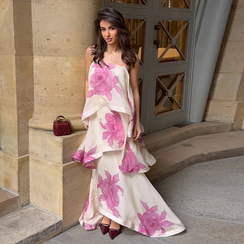 Women Printed V Neck Long Dress Flared Sleeve Lotus Leaf Edge High Waist Slim Fit Maxi Dresses Lady Elegant Evening Party Dress