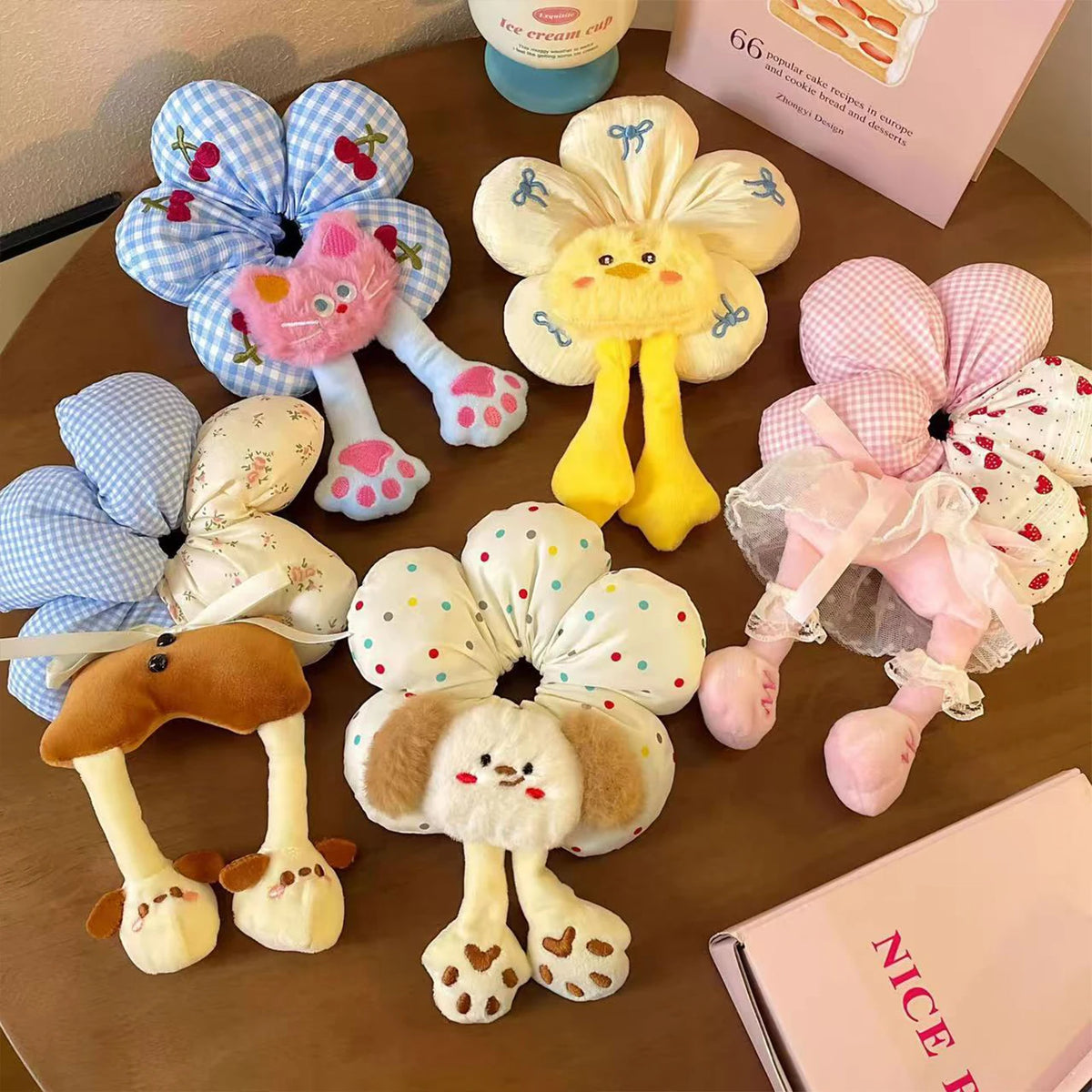 1pc cute cartoon animal  flower large intestine scrunchie, cotton three-dimensional puppy head rope little yellow duck hair rope