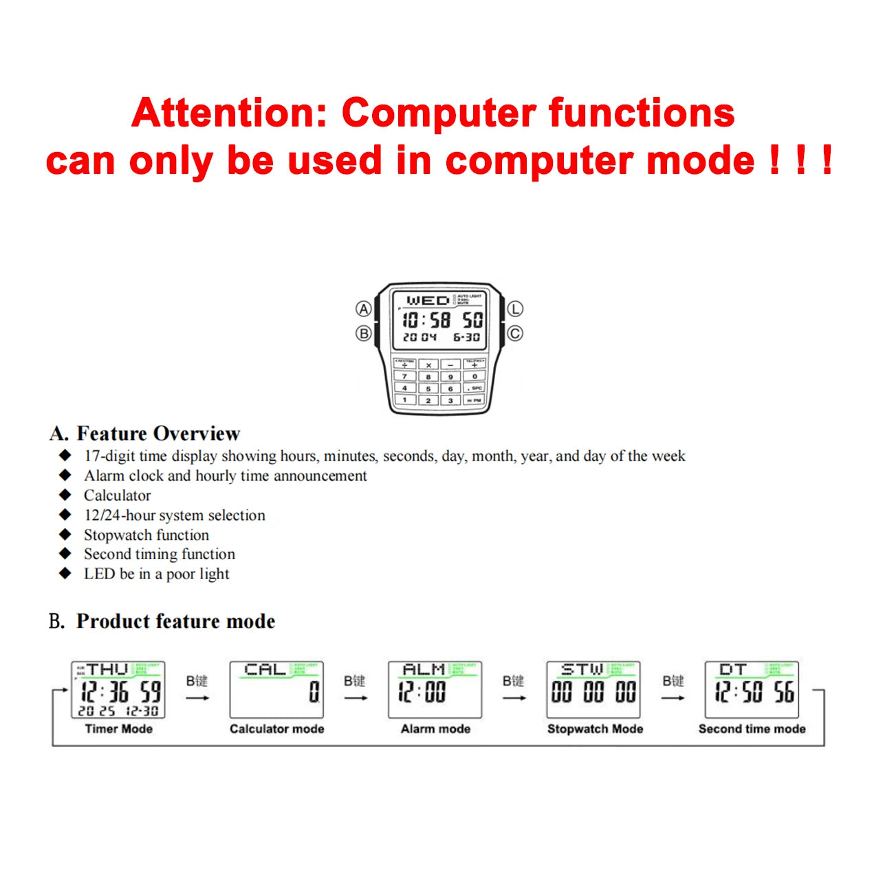 Multifunctional Men's Calculator Watch Fashion Luxury LED Electronic Watch Digital Sports  Watch Computer Style