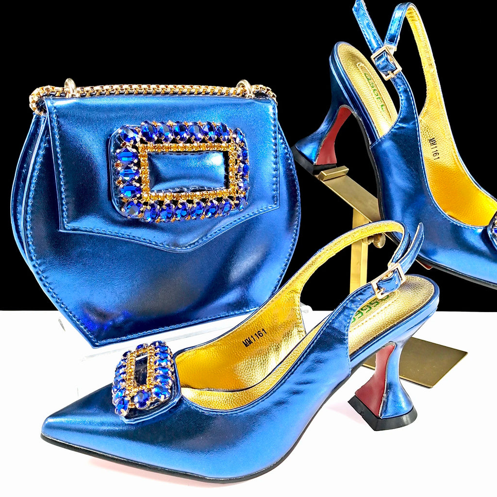 QSGFC Women High Heels Shoes for Women  Rhinestone Italian Designer Royal blue Color Pointed-Toe Shoes and Bags Set