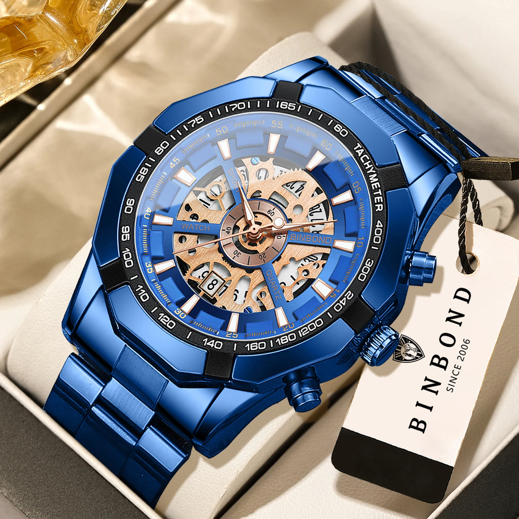 BINBOND Luxury hollow-out quartz wristwatch for men luminous waterproof chronograph men's watch business sport fashion reloj