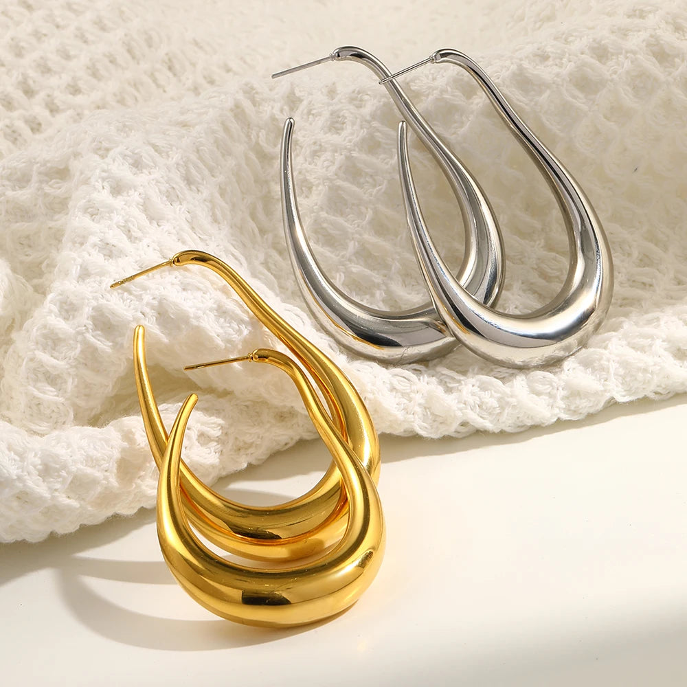 MamacitaSlay Unique Exaggerated 18K Gold Plated Stainless Steel Pear Shape Hollow Hoop Earrings Party Women's Waterproof Jewelry