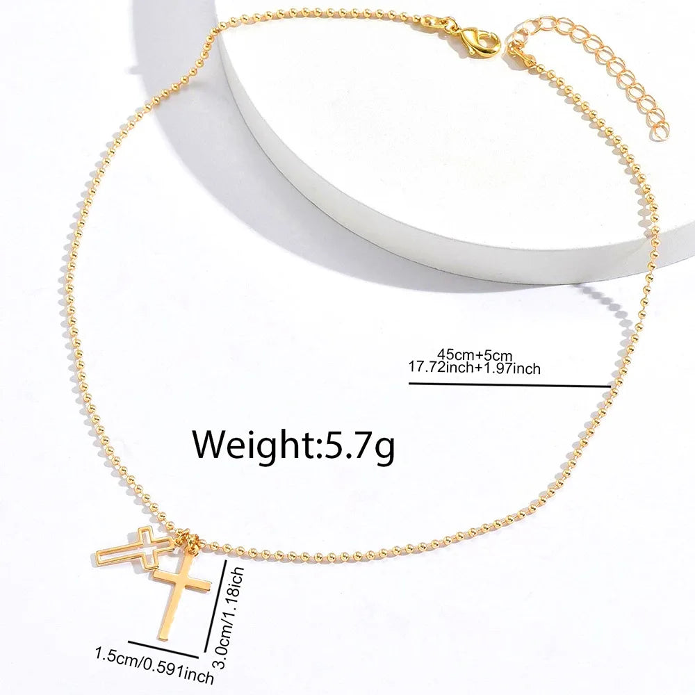 Stainless Steel Double Cross Pendants Necklace for Women Men Minimalist Gold Color Beaded Chain Choker Jewelry Gift