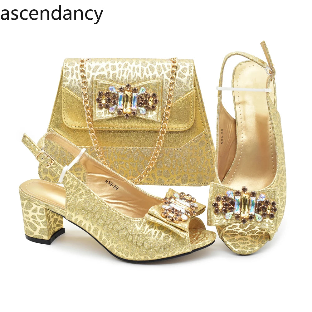 Classics Style New Arrivals Italian Women Shoes Matching Bag Set in Gold Color Comfortable Heels Pumps for Wedding Women Heels