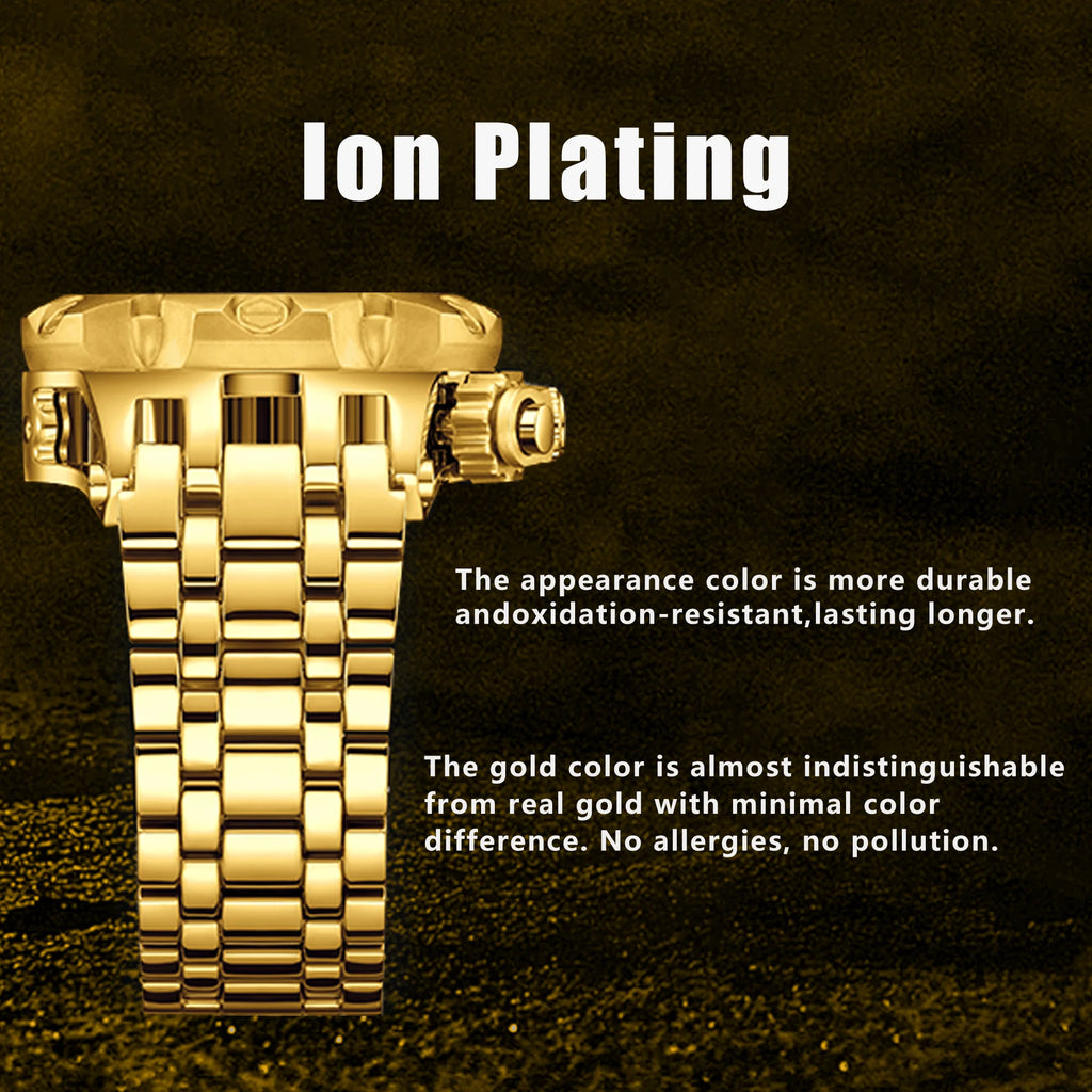 YaLaLuSi Men Gold Watch Multi Chronograph 3 Subdials Heavy Duty  Bracelet Luminous Dial Sport Quartz Wristwatch Male Gift Clock