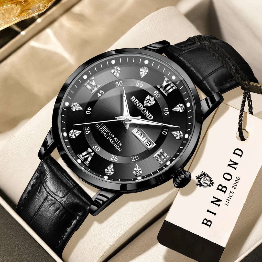 BINBOND quartz watches for men luxury sturdy luminous waterproof auto date week display accurate men's watch business reloj