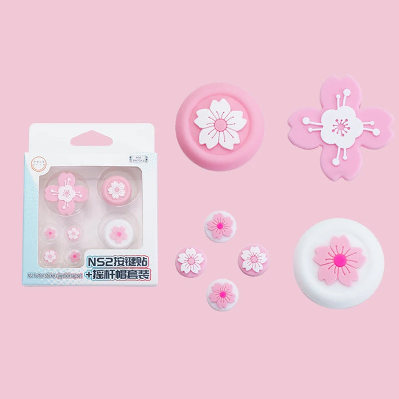 Cute Pink Sakura Silicone Soft D-pad Cross Button ABXY Key Sticker Skin Case For Switch 2/NS2 Joy-con Thumb Stick Grip Cap Cover