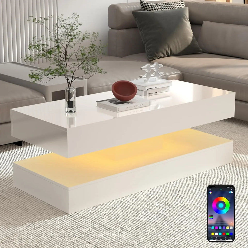 Modern Stylish Coffee Table with LED Lights, Double-Layer Design for Living Room Coffee Table with 2 Storage Drawers