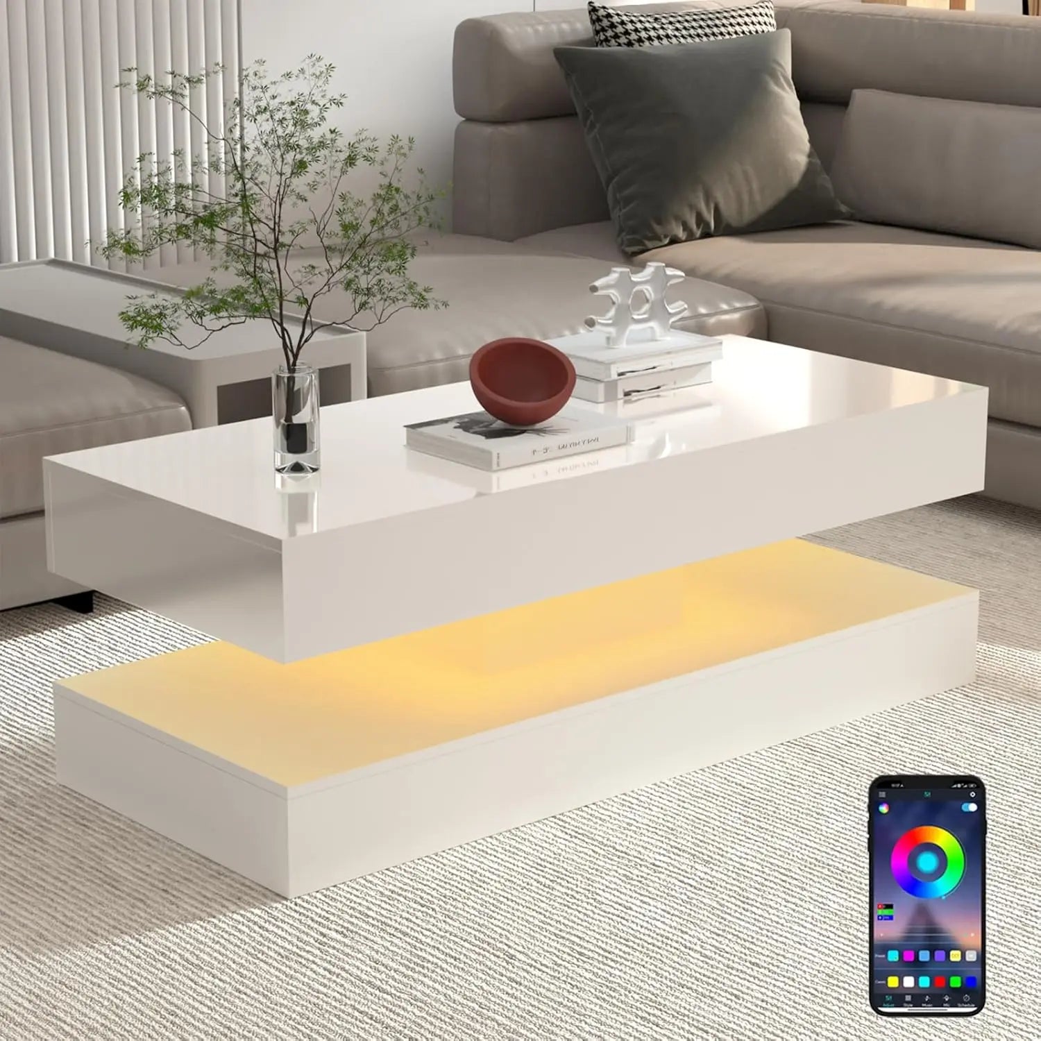 Modern Stylish Coffee Table with LED Lights, Double-Layer Design for Living Room Coffee Table with 2 Storage Drawers