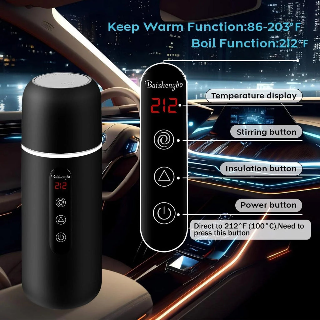 420ml Portable Car Heating Cup Electric Kettle 304 LED Smart Temperature Control Warmer Stirring Cup Heating Bottle Mixing Cup